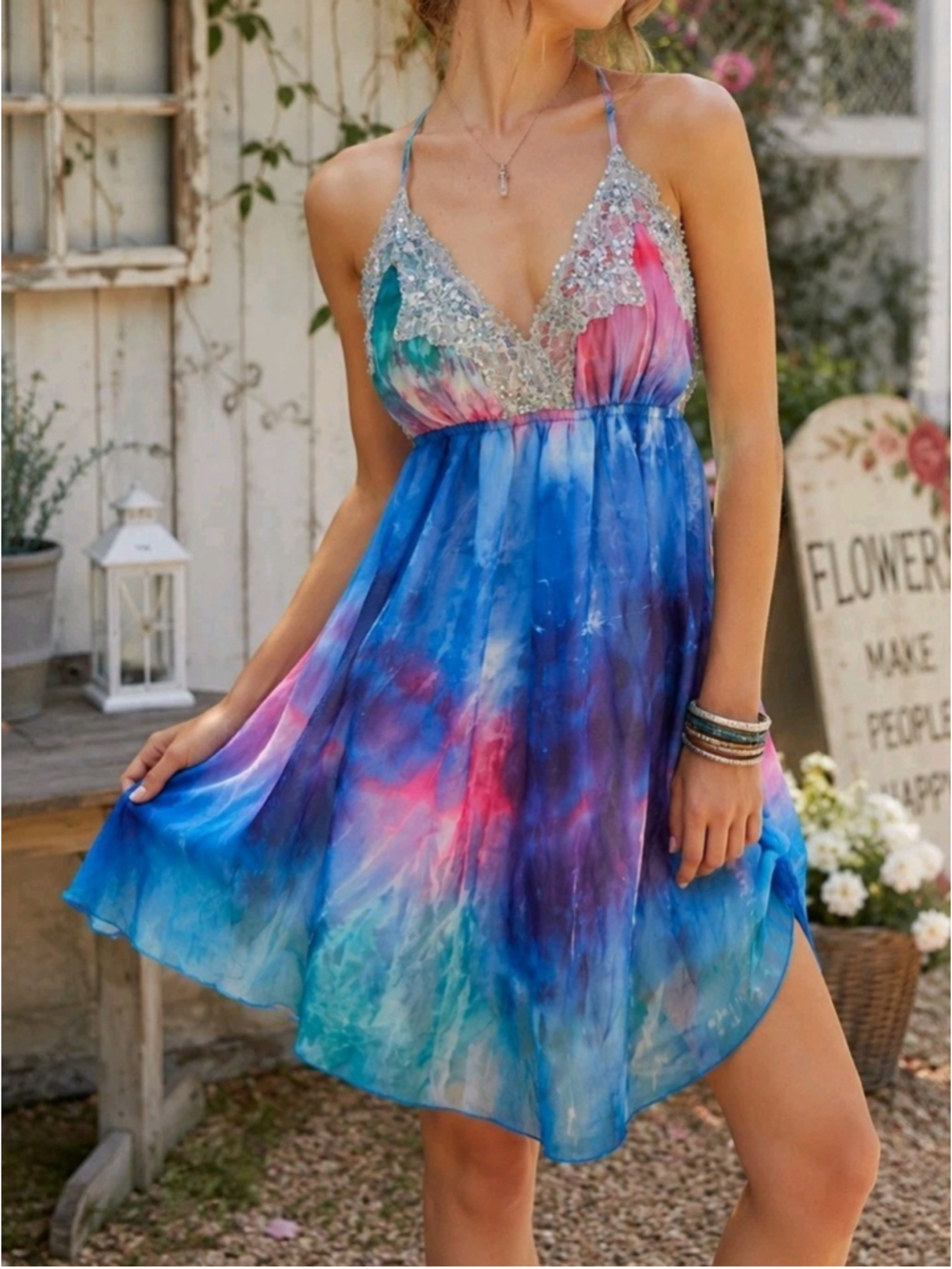 Gimmicks by BKE Beaded Tie Dye Babydoll Dress Sz L Crisscross Back Fairycore